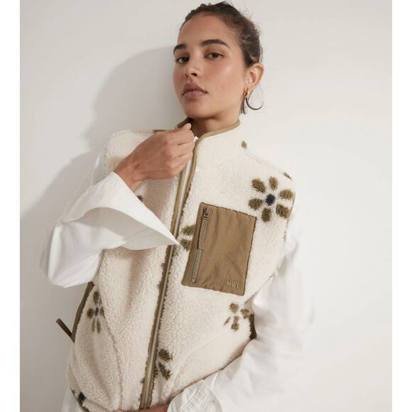 Madewell Jackets & Blazers - Madewell MWL Re(source) Cream Fleece Sherpa Vest Flowers Women’s Size XXS